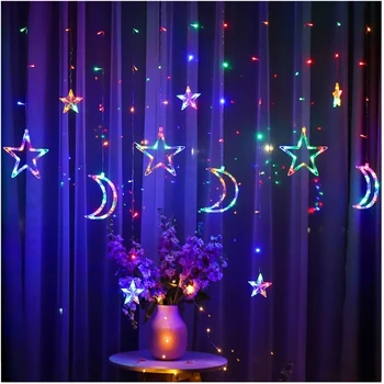 Led лампа за пердета 3,5 м EUplug, Гирлянди, с Луната и звездите, Празнични Сватбени Коледни гирлянди, украси за свещения месец Рамадан прозорец