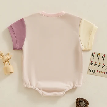 Летен гащеризон за новородени с бродерия букви около врата контрастен цвят, боди с къс ръкав, тениска за деца