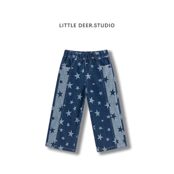 Детски дрехи, дрехи Персонализирани дънки за момичета, Пролетта 2024 Фантазия Нови ежедневни Прости детски дънкови панталони със звезди