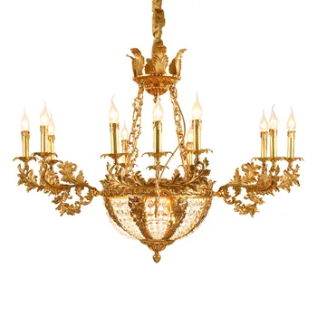 DINGFAN Европейския месинг хол окачен лампа спалня, трапезария лампа френска вила в стил барок луксозни медни големи полилеи