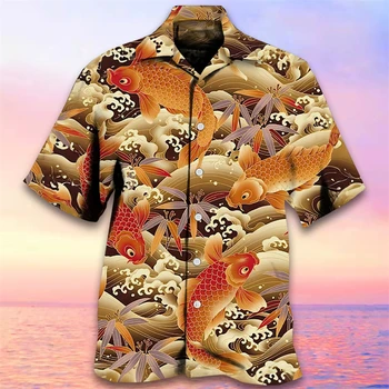 Плажни ризи с 3D принтом хавайския шаран, риза с хавайски риба за мъже, ежедневни облекла за отдих, градинска дрехи с къс ръкав, блуза с ревери
