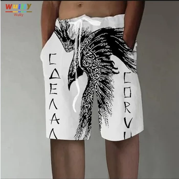 Мъжките Ежедневни Панталони с Изображение на Орел и 3D Модел на Животни, Букви, къси Панталони В стил Хип-Хоп, Бряг-Принт, Къси Панталони, Бял Цвят