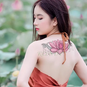 Водоустойчив временна татуировка Стикер розово цвете лотос боди-арт Фалшива татуировка на Гърдите Гърдите Върти Корема Флаш татуировка дизайни за жени и момичета