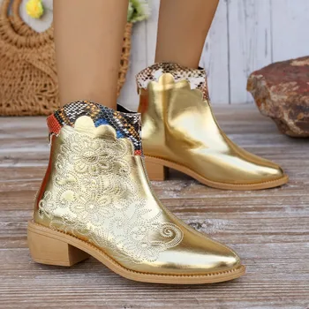 Новите златни дамски ботуши до средата на прасците със страничен цип, каубойски ботуши в стил Уестърн с silver заострением, Модни ботильоны в стил ретро, Дамски обувки големи размери
