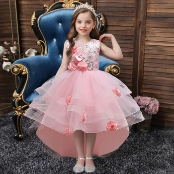 Дантелени детски рокли за момичета без ръкави Модни дрехи за момичета в цветенце за сватби Летни Детски рокли за момичета 2-12 години