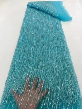 Сини луксозна лейси плат с пайети, расшитая мъниста 2023 г., лейси плат от Нигерийски Френски тюл с пайети Сватба
