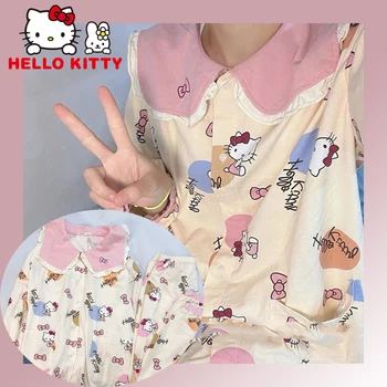 Пижамный комплект Hello Kitty с дълъг ръкав, дамски пижами с шарени сладки момичета карикатура, комплект от две части за сън, Удобни дълги панталони, пижамные панталони, домашно облекло