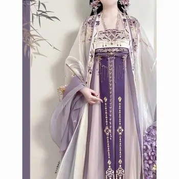 Елегантна лилава пола Hanfu Chebula с бродерия, риза с голям ръкав, есенно-зимния женствена рокля в китайски стил в стил Тан