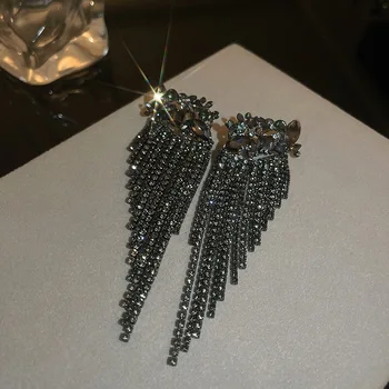 Класически преувеличени кристални обеци с пискюли от планински кристал за жени, ефектни вечерни бижута, обици с черен хрустальным цвете