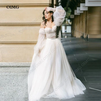 OIMG, Прости сватбени рокли от тюл трапецовидна форма, с цветове, рокля с дълги ръкави във формата на сърце, вечерни рокли за булката, Robe de soiree