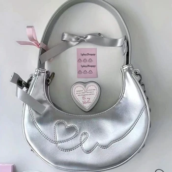 Дамска чанта Xiuya Sweet Cool, сребриста чанта от изкуствена кожа със сърца, нова мода скъпа и луксозна дизайнерска чанта под мишниците