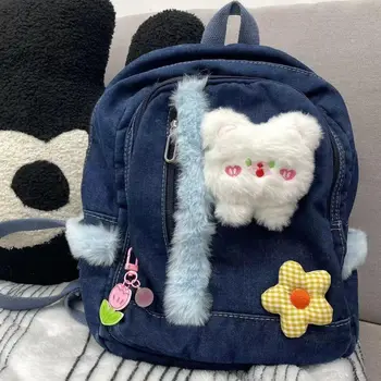 Ежедневни раници от японски карикатура Harajuku Y2k Preppy Bear С цветен модел, дънкови училищни чанти за момичета, модерна чанта Kawaii
