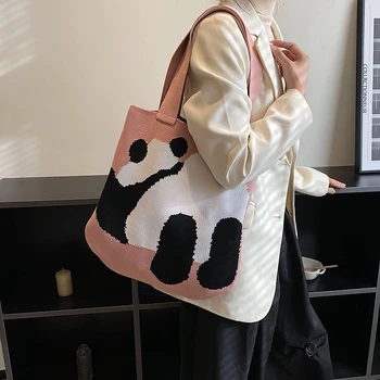Дамска чанта с шарките на пандите, вязаная на една кука, училищна чанта през рамо, жените еко-чанта, Корейски чанти за пазаруване, сладки възли чанти