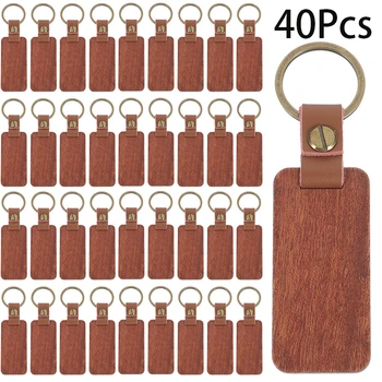 40шт заготовки за дървена ключодържател Дървени тагове Непълни заготовки за дървена ключодържател с кожена каишка за ключове за занаяти собствените си ръце,