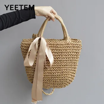 Чанта на едно рамо, лента, лък, тканая чанта от билки, плажна чанта за отдих, тканая чанта ръчна изработка, чанта на едно рамо,