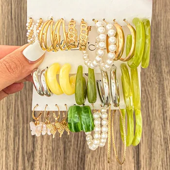 1 комплект Ретро Перлата на ухото кръг Модни леки Луксозни Златни обеци-халки за жени С-образни Обеци от акрилна сплав Бижута подарък