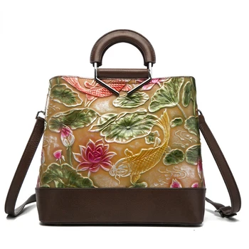Дамска чанта-тоут от телешка кожа с релефни във формата на цвете, дамски голямата голям ежедневна чанта през рамо за жени, дамски чанти, за пазаруване от естествена кожа