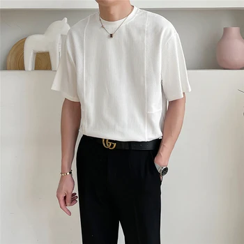 Летни Нагънат Шарени мъжки блузи с къс ръкав и кръгло деколте, модерни ежедневни тениски Harajuku Оверсайз, в началото на всеки ден, Бяло, Черно, Каки