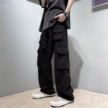 Панталони-карго с големи джобове, мъжки и женски преки Свободни панталони-тромпет, реколта улични всекидневни спортни панталони в стил хип-хоп