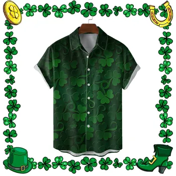 Мъжка риза, ризи в чест на Деня на Свети Патрик, Блузи с детелина, Върховете в чест на Ирландския национален празник, Зелени мъжки фестивални кофточки с ревера и с къс ръкав 