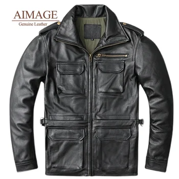 Мъжко яке от телешка кожа със средна дължина на военната стил с множество джобове от 100% естествена кожа, Винтажное мотоциклетное палто
