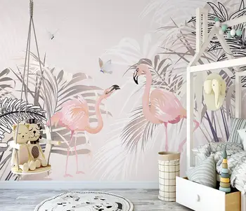Потребителски тапети Ръчно рисувани Скандинавски свежо растение палма фламинго стенни рисувани в закрито 3D тапети