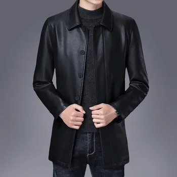 Мъжки нов ежедневния моден тренд, кожено яке със средна дължина, горно палто