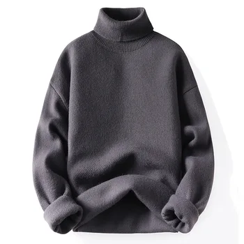 2023 Нови Зимни Мъжки Топъл пуловер с Високо качество, Тънък монофонични сгъсти корейски мъжки пуловер с висока яка