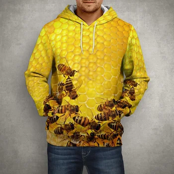 Мъжки блузи, свитшоты, градинска дрехи, пуловери с 3D принтом Honeycomb Bee, блузи с качулка, Зимна есен модни спортни облекла, блузи с качулка,
