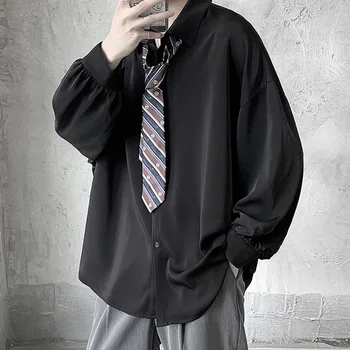 Черна риза Корея градинска ежедневни Свободна удобна модерна риза с дълъг ръкав, однобортная риза с Y2k за Мъже Пролет/лято
