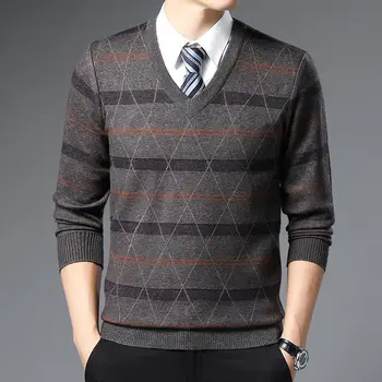 Есен-Зима, Нов дебели мъжки пуловер с V-образно деколте и принтом в ивица, Модерен случайни свободен пуловер в стил мозайка, вязаный топ с дълъг ръкав