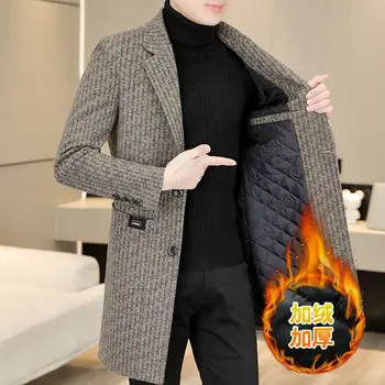 Мъжки вълнени палта 2023 г., модни и ежедневни корейската версия, коварен есенно-зимния вълна палто от памук с утолщением и защита от вятър.