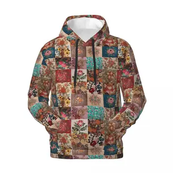 Блузи с ромски лоскутным принтом Essentials, Есенни свитшоты в уличном стил с цветен модел, двойка пуловеров Оверсайз с ретро графика, hoody с качулка