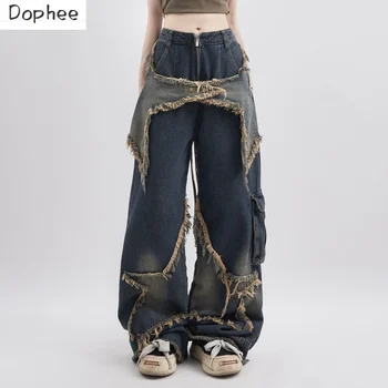 Дамски дънки Dophee, нов сезон Пролет-лято, прави дълги панталони в стил ретро с петолъчна звезда, градинска дрехи, дънкови панталони свободно намаляване.