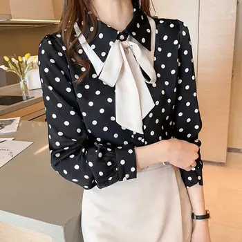 Есенна офис дамски шифоновая блуза с отложным яка и дълъг ръкав, дамски дрехи, универсални свободни ризи на точки, дамски блузи