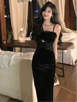 Жена секси рокля midi на спагети презрамки, вечерна парти, секси прилепнали рокли с пера, френски модни дрехи, халат за бала, елегантен човек
