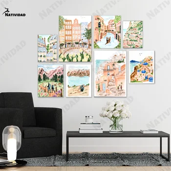 Минималистичные плакати с градския пейзаж, платно, маслени картини, печат, ретро-сграда, стенни пана за дома в хола.