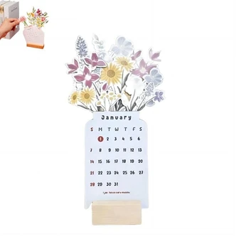 1 бр. Календар за 2024 година Малък настолен календар Забавен уникален настолен календар с цветна цвете в 2024 година