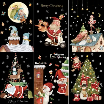 Ретро Коледни стикери стъклена врата, Дядо Коледа, Коледна елха, Стикер на прозореца, боядисани стени Навидад 2023, Весел Коледен декор за дома