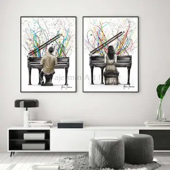 Модерна и колоритен музика, Живопис върху платно, Щампи пиано, китара, бас, Естетически Абстрактни стенни Художествени плакати, Картини за дома