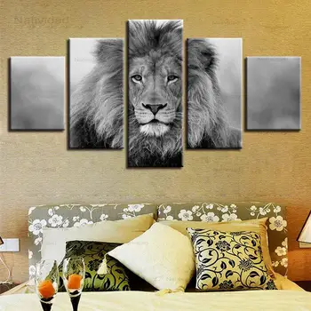 5 парчета на съвременните черно-белите животни, с HD-печат, модулна картина върху платно, стенни художествени картини, плакати с лъвове, интериор на хол