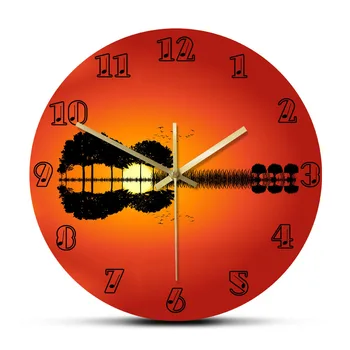 Пейзаж китарен остров по залез слънце Произведение на изкуството и Декоративни стенни часовници Сумеречное отражение на китара Музикален начало декор Безшумни стенни часовници