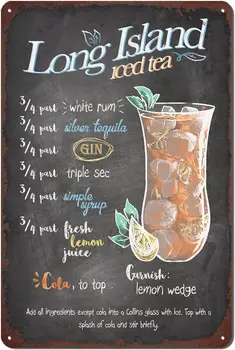 Лидице Знак за Коктейли, Метална Табела Vintage Cocktail Recipes, Бар Знаци за Начало Декор на стените на Бара 12 X 8 инча - Long Island Iced