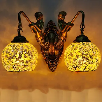 Креативен стенен лампа ръчно изработени от смола с две Русалками, ретро Начало декор за бар, кафене, столова, коридор, led осветителни тела.