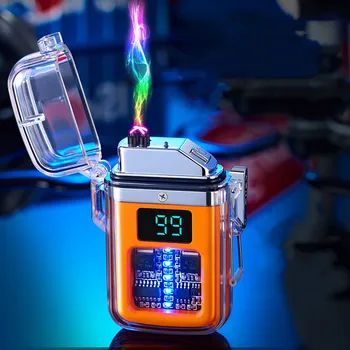 Нова pulse-плазмена двухдуговая запалка Type-C с перезаряжаемым прозрачен корпус, градинска водоустойчив запалка с дисплея на батерията, мъжки подарък
