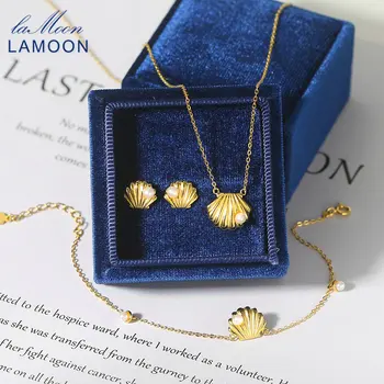 LAMOON Pearl 925 Сребърни Бижута Комплект За Жени От Естествени Сладководни Перли във Формата На Миди 14К Златно покритие Изискани Бижута Летен Плаж V094