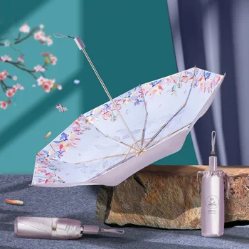 Двуслойни чадър от слънце, дъжд, женски ветроупорен чадъри с дървена дръжка, 3 сгъваем чадър с защита от uv, Цветен чадър за момичета в подарък