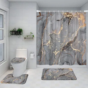 Набор от завеса за душ от сиво, златисто-хрупкави мрамор, модерна и креативна плат с мраморна текстура, завеса за декора на банята и нескользящий подложка за баня