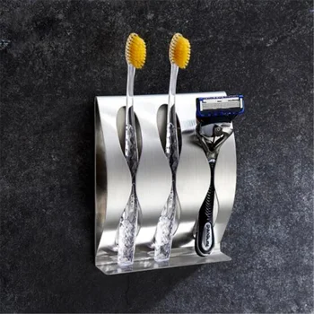 Поставка за четка за зъби и самобръсначки от неръждаема стомана за баня, Монтиране на стена, Самозалепваща поставка за четка за зъби