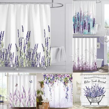 Лавандуловата завеса за душ с куки, водоустойчив полиестерен плат, Лилава украса растение, Завеси за баня, за вана